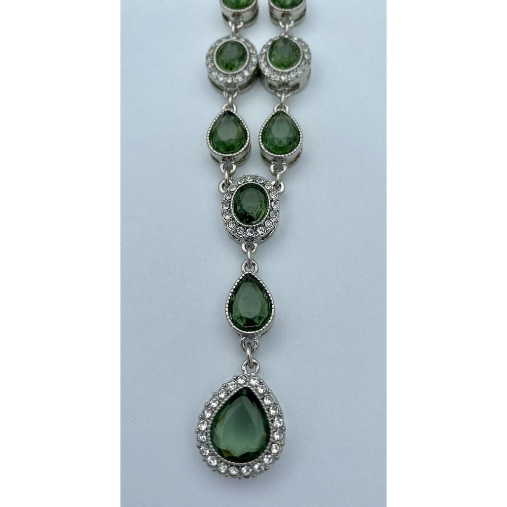 Vintage Crown Trifari Green & White Rhinestone Y-Drop Silver Tone Necklace 18.5”
